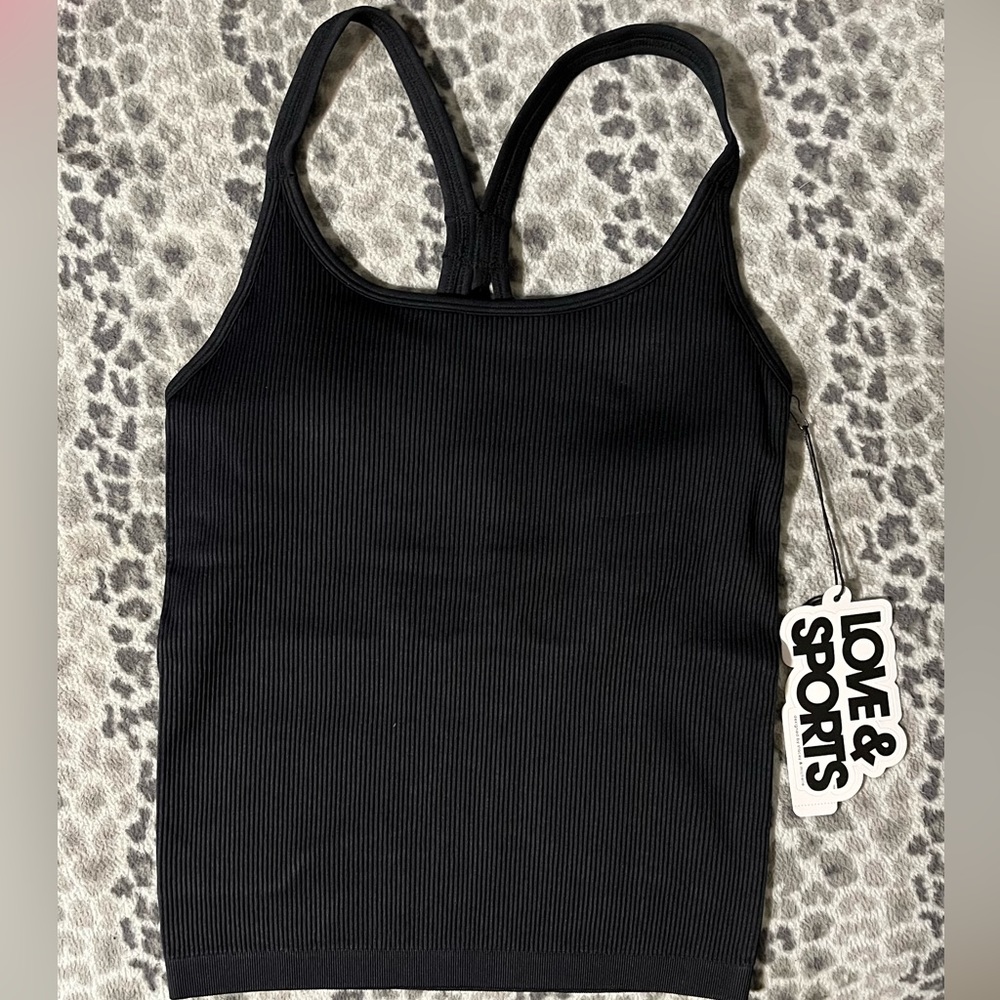 Black Love and Sports racer back padded built in bra camisole or tank top
